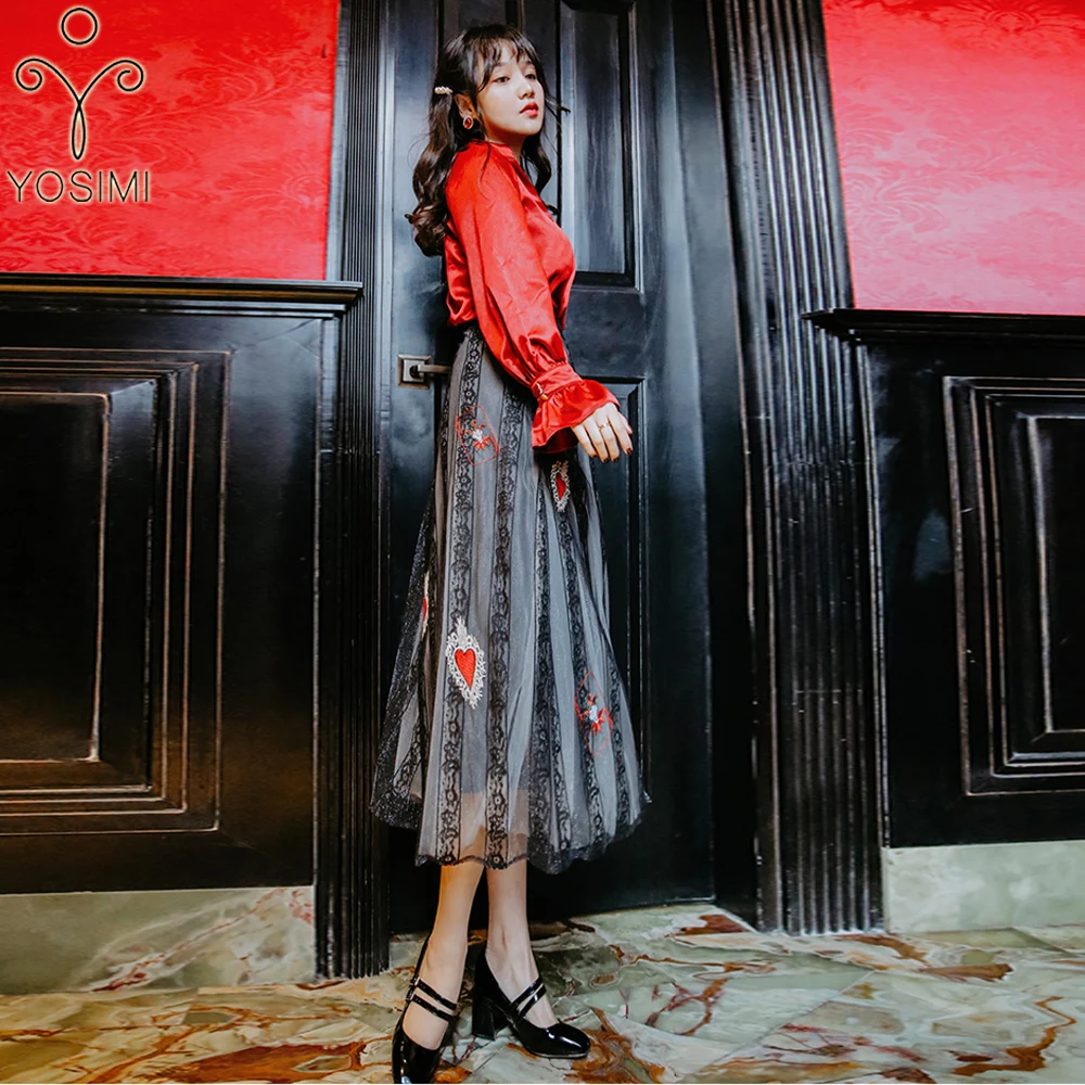 YOSIMI 2019 весна лето женские 2 шт. наборы цепочка на воротник рубашки + юбка двухсекционный костюм до середины икры женское платье Красный