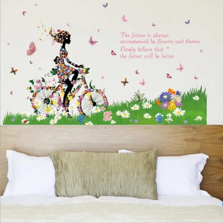 

High Quality ! Bicycle Girl Butterfly Flower 1140*80cm DIY Removable Art Vinyl Wall Stickers Decor Mural Decal MJ9510