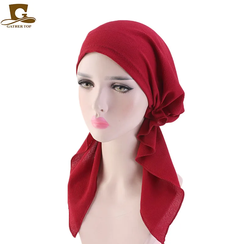 Fashion Women Turban Solid Color Pre-tie Headwear Chemo Cap Print Flower Soft Hat Headscarf Wrap Cancer Hair Accessories |