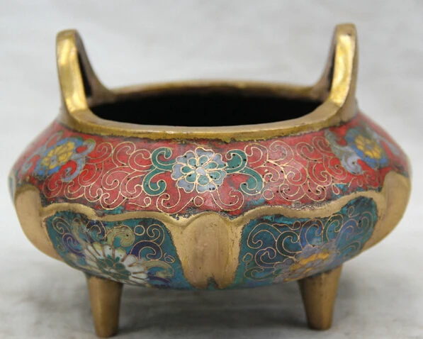 

JP S0524 Marked Chinese Qing Cloisonne Enamel Bronze Gild 3 Foot Incense Burner Censer