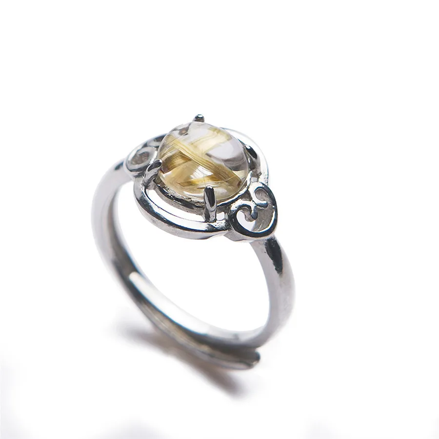 

Adjustable Genuine Natural Titanium Rutilated Quartz Round Bead Charm Silver Women Man Party Ring 7*7mm