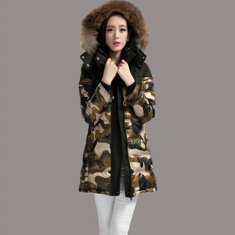 New Camouflage Winter Jacket European Slim Cotton Jackets Women Raccoon Nagymaros Collar Coat 