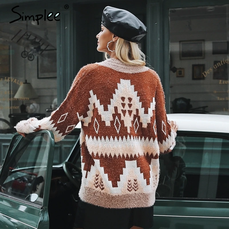 Simplee Christmas v neck geometric women sweater Casual long sleeve fashion pullover female 2018 Autumn winter jumpers