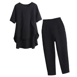 Большой размер женские модные комплекты новые продукты чисто черный 2 1 предмет Лето Женщины пуловер Топы + Высокая талия эластичные Штаны