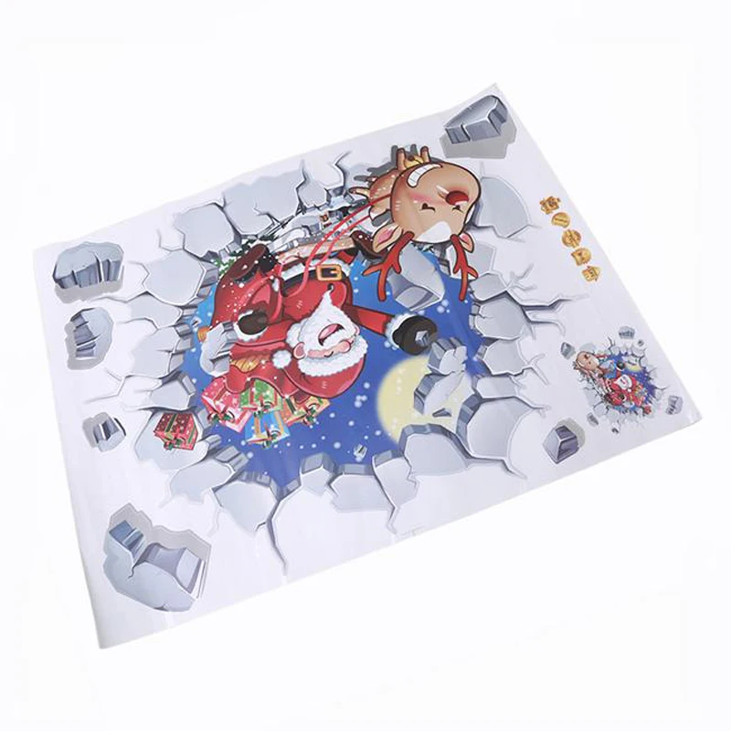 DIY 3D Removable Christmas Broken Wall Stickers Santa Claus Reindeer Decals Mural