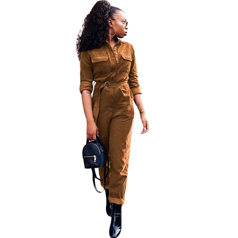 Echoine Casual Jumpsuits Women Corduroy Rompers Long Sleeved Pockets Button Waistband Solid Brown Khaki Sports Long Pants Outfit Echoine Casual Jumpsuits Women Corduroy Rompers Long Sleeved Pockets Button Waistband Solid Brown Khaki Sports Long Pants Outfit