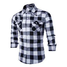 Mens Shirts Casual Slim Fit Plaid Shirt White Fashion Men’s Shirt Leisure Long-sleeved Shirt Men Business Affair Casual Social