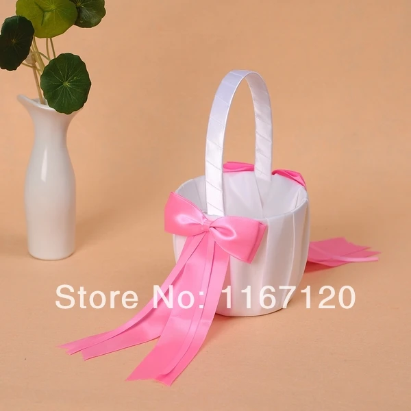 

2pcs/lot White and Hot Pink Bowknot Satin Wedding Flower Girl Basket wedding favors(N04)