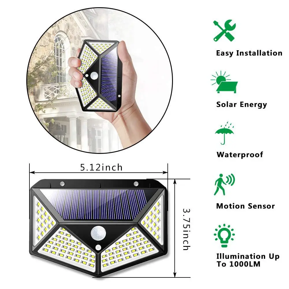 100 светодиодный четырехсторонний светильник на солнечной батарее, 3 режима, угол 120 градусов, датчик движения, солнечная настенная лампа, наружная водонепроницаемая лампа для сада, двора