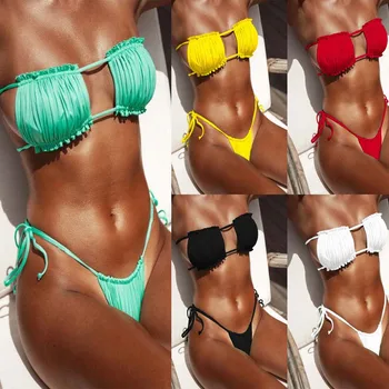 

Sexy Biquini Bandeau Brazilian Bandage thong Bikini 2019 set Female Swimwear Women Swimsuit Two-pieces Pleated Fold Bathing Suit