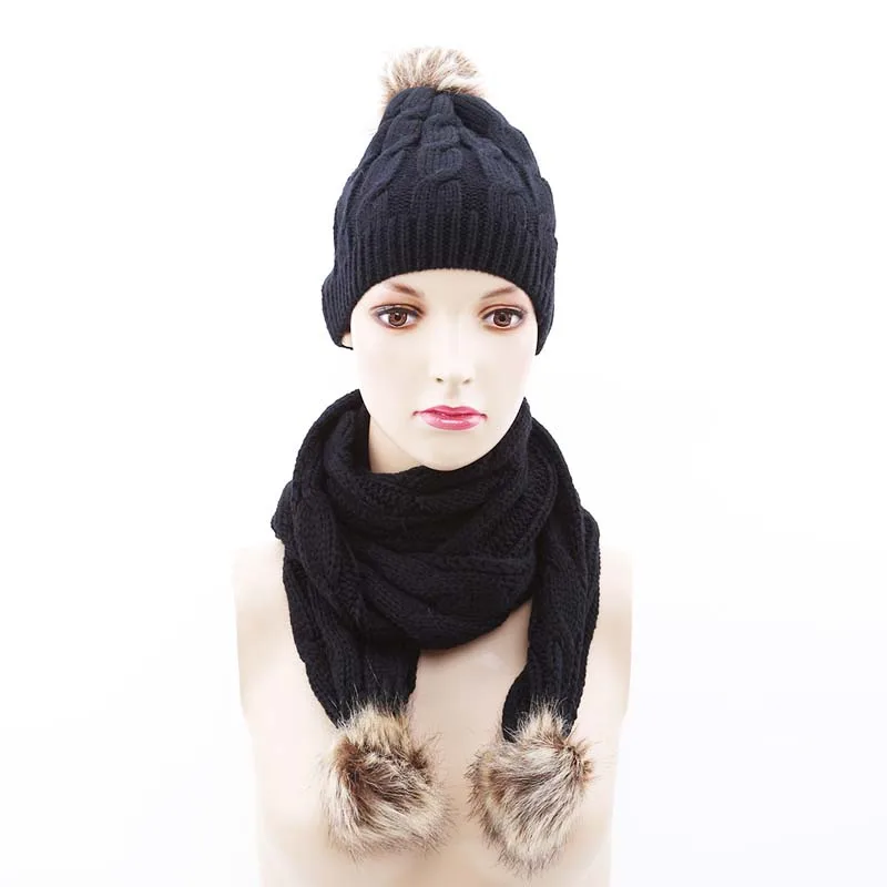 Зимние женские вязаные шапки из двух частей для девочек, однотонные теплые шерстяные шапки, шарфы, костюм женский шерстяной шарф с