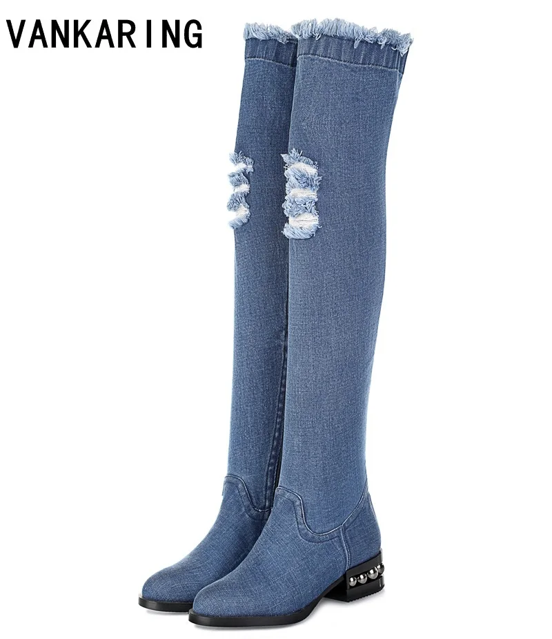 

VANKARING thigh high over the knee boots for women shoes round toe thick high heels long boots bottine femme dress autumn boots