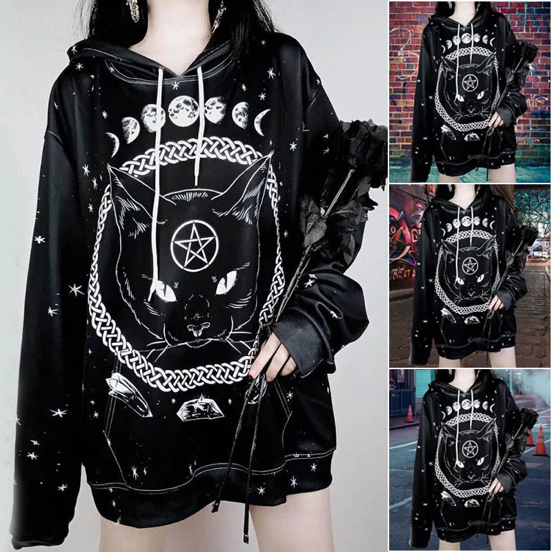Dark night moon Cat women Hoodies 3D Print Long Sleeves Brand Streetwear Fashion Sweatshirts Animal