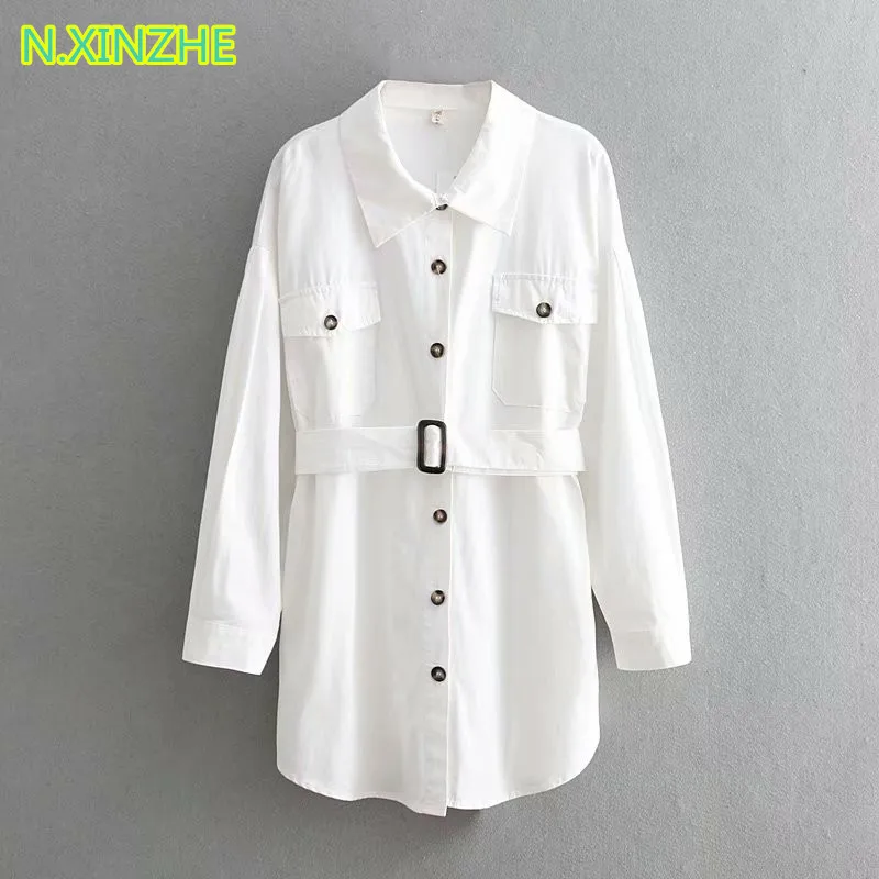 

2019 women clothing long sleeve pockets belt solid relaxed shirt long Tops Female fashion casual loose pure cotton blouses C4916