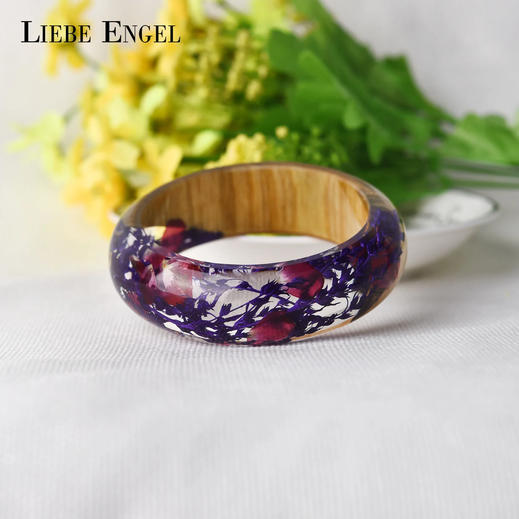 LIEBE ENGEL Handmade Resin Bangle Bracelet With Real Wood Purple Dried Flower Cuff Bohemia Style Love Bracelet For Women 2017