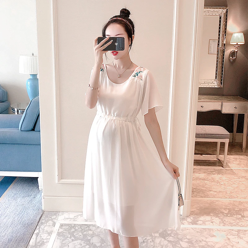 

8009# Embroidery Chiffon Maternity Party Long Dress Drawstring Slim Clothes for Pregnant Women Elegant Pregnancy Drop Shipping