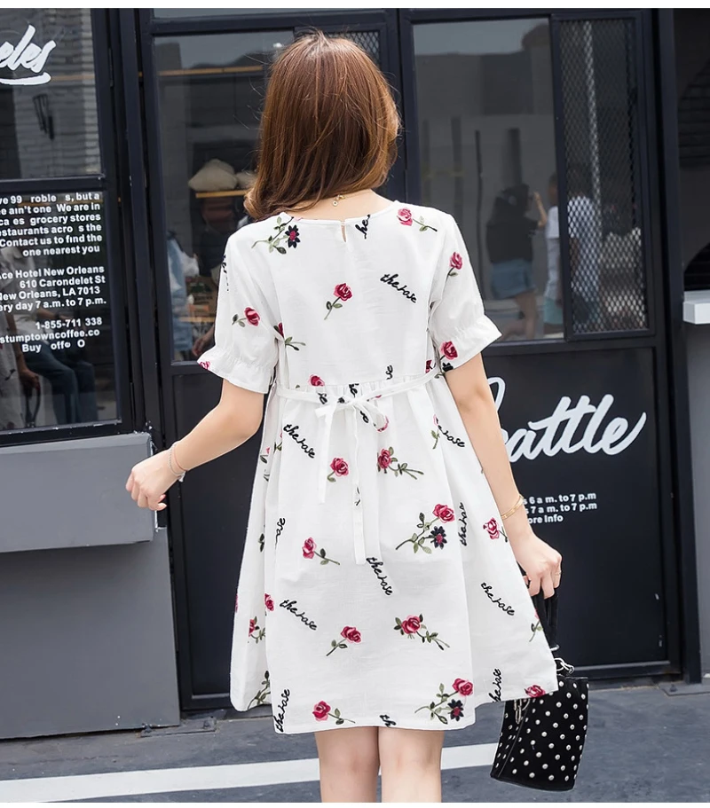 Cotton Pregnant Women Breastfeeding Clothes Summer Embroidery Nursing Dress High Waist Short Sleeve White Maternity Dresses (7)