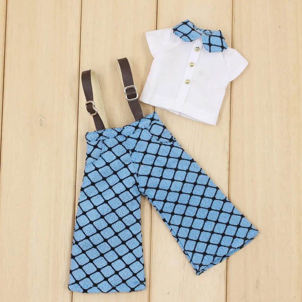 

Outfits for Blyth doll A set Blue Plaid Overalls with Shirt suit for the 1/6 JOINT body Doll BJD ICY NEO