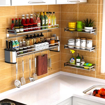 

304 Stainless Steel Perforation-free Kitchen Shelf Wall-mounted Wall Cutter Rack Spice Collection Rack