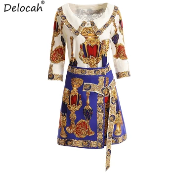

Delocah Women Spring Summer Suits Runway Fashion Three Quarter Floral Printed Shirt and Elegant Sashes Mini Skirt Two Pieces Set