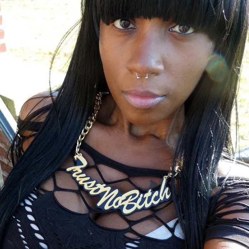 

Gold Mirror Laser Cut Fashion Hip hop Woman's Statement Pendant Necklace Trust N Bitch Necklace