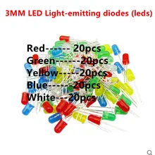 5valuesX20pcs=100pcs F3 3MM Round LED Assortment Kit Ultra Bright Water Clear Green/Yellow/Blue/White/Red Light Emitting Diode