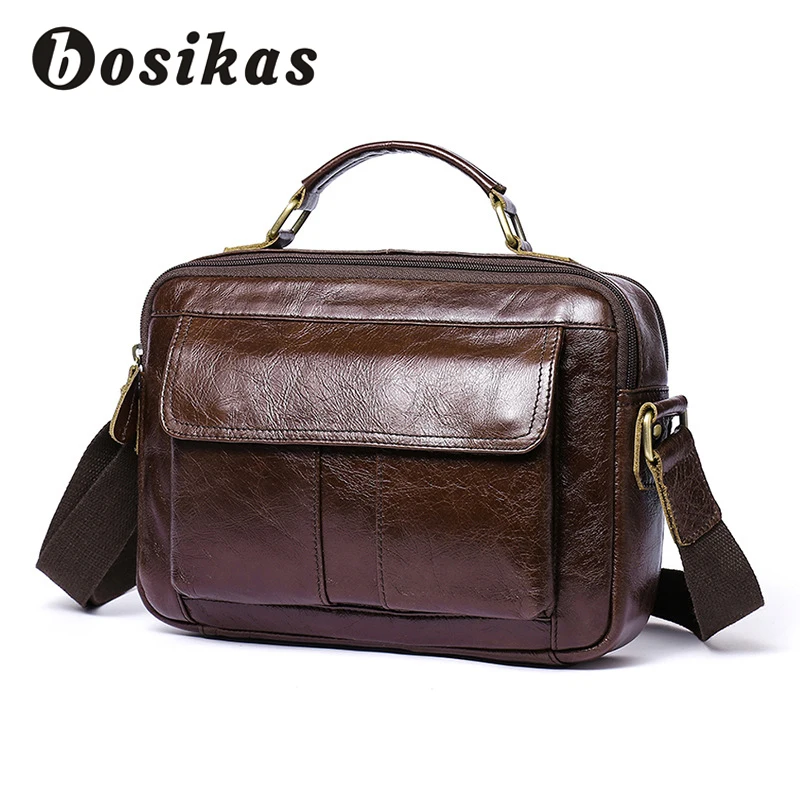 

BOSIKAS Men Briefcases Bag Genuine Leather Crossbody Bags Messenger Totes Leather Handbags Laptop File Bag Zipper Shoulder Bags