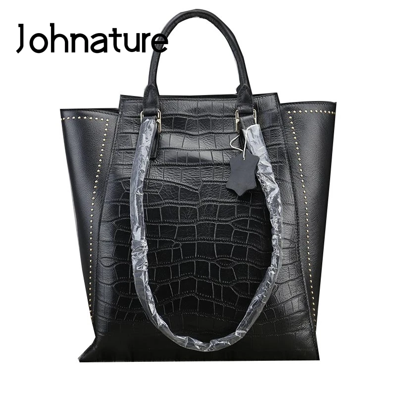 

Johnature 2020 New Genuine Leather Trapeze Business Alligator Zipper & Hasp Soft Open Pocket Versatile Women Shoulder & Handbags