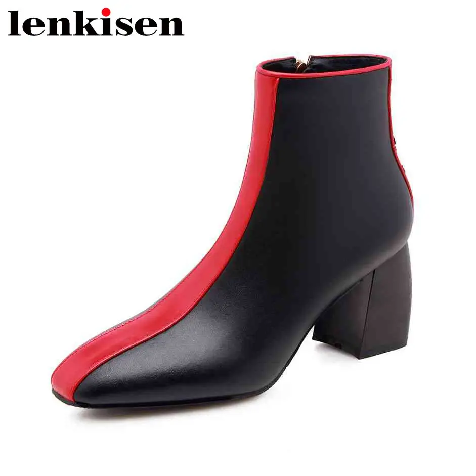 

Lenkisen 2018 superstar mixed colors zip square toe thick high heels young lady genuine leather women large size ankle boots L62