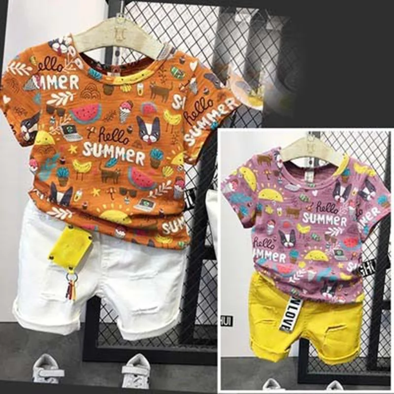 

Summer Casual Children Kids boy's Cartoon animal print short sleeve T-shirt+casual Holes shorts 2pcs Clothing Sets Suits C287