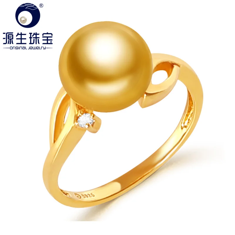 

YS S925 Silver Saltwater Pearl Wedding Ring 9-10mm AA Grade Deed Gold Natural Cultured Gold South Sea Pearl Ring For Women