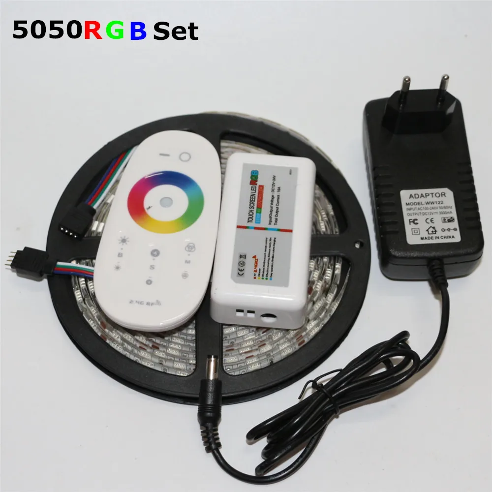 

1Pack 5M RGB 5050 SMD LED Strip light 60Leds/m + 3A DC 12V Power Adapter Transformer + 2.4G RF Remote Controller