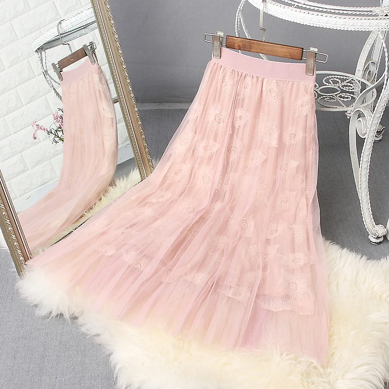 KEQI Новые весенние и летние юбки с блестками, вышивка перьями, прозорливая вуаль, фея, темперамент, плиссированная юбка, длинная юбка трапециевидной формы