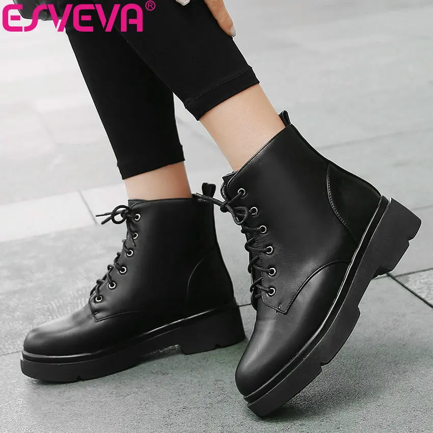 

ESVEVA 2019 PU Leather Woman Boots Western Style Autumn Shoes Square Med Heels Round Toe Boots Women Ankle Boots Lace Up 34-43
