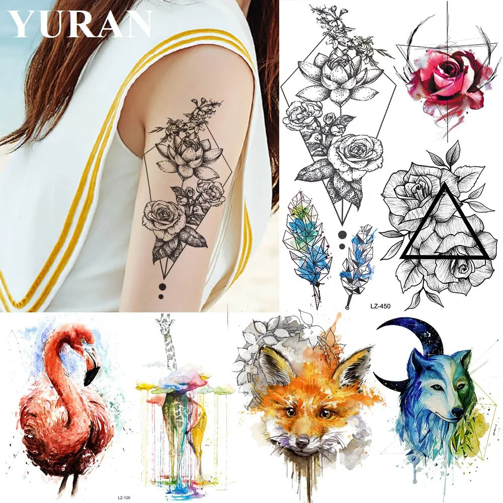 YURAN Arm черный геометрический цветочный флэш татуировки розы наклейки женский грудь временные водостойкие Татуировки Временный боди-арт