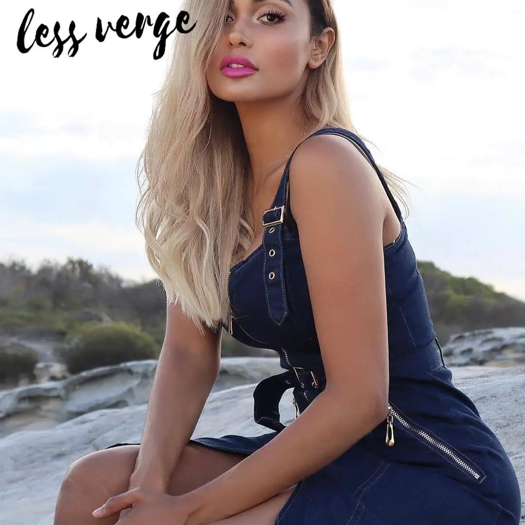 lessverge Backless bodycon denim midi dress women summer Zipper belt split party dress Sexy v neck strap jeans dresses vestidos
