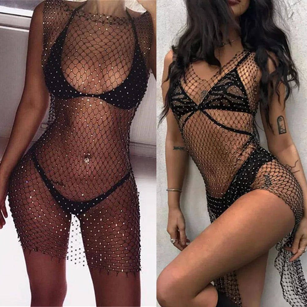 

Crochet Bikini Crystal Cover Up Dress 2019 Women Sexy Mesh Hollow Out Fishnet Women's Bathing Suits Cover-ups BeachWear Swimsuit