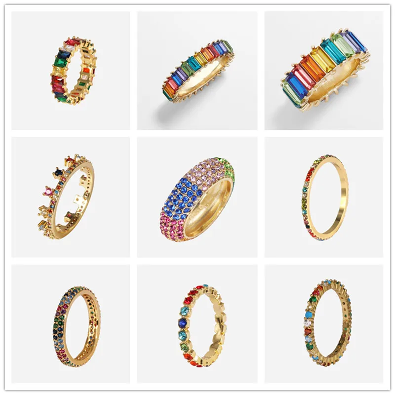 

FASHIONSNOOPS Gold Filled Rainbow cz ring wedding engagement band stacking stacks cz eternity colorful finger jewelry for women