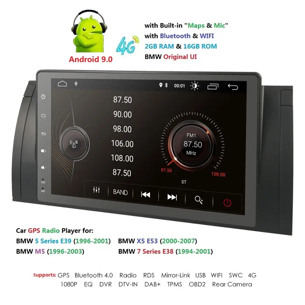 Discount Android 9.0 4G 2G+16G Car Multimedia Player For BMW X5 E53 E39 GPS stereo audio navigation monitor touch screen head unit USB BT 3