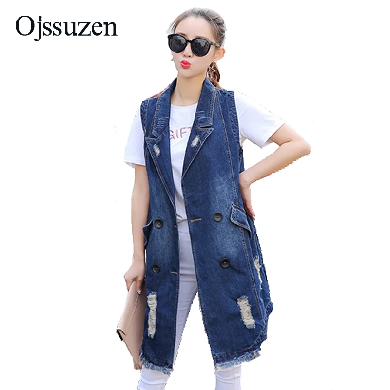 3XL Large Size Jeans Women's Vests Long Slim Female Waistcoats Vintage