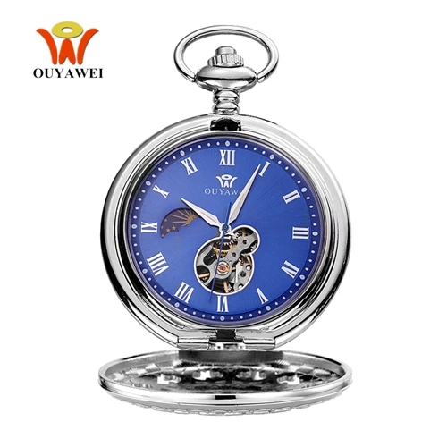 OYW механические роскошные золотые мужские карманные часы со скелетонным циферблатом, стальное ожерелье с подвеской, винтажное платье, мужские часы с цепочкой - Цвет: Silver Blue