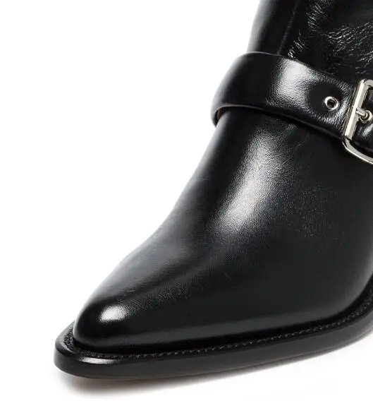 Зимние новые модные женские однотонные черные высокие кожаные сапоги Martin с острым носком и пряжкой на массивном каблуке с молнией сбоку