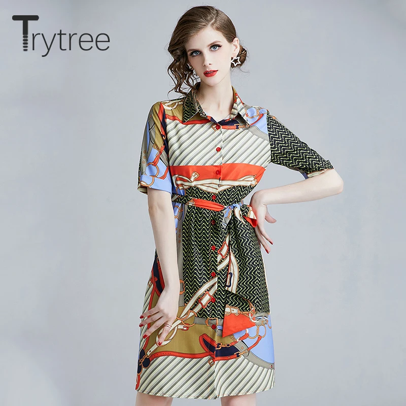 Trytree летнее платье с принтом элегантные Геометрические шелковистые уличные