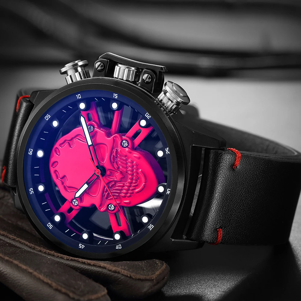 Skup Męski zegarek z czaszką Hollow Punk 3D szkielet Sport zegarki kwarcowe MUNITI Casual męski zegarek męski zegar Relogio Masculino 2019