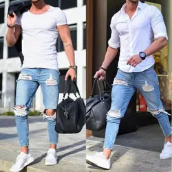 Бренд байкерские джинсы Для мужчин 2018 Модные Узкие стрейч Рваные джинсы Для мужчин s Slim Fit Карандаш брюки хип-хоп Уличная отверстие джинсы