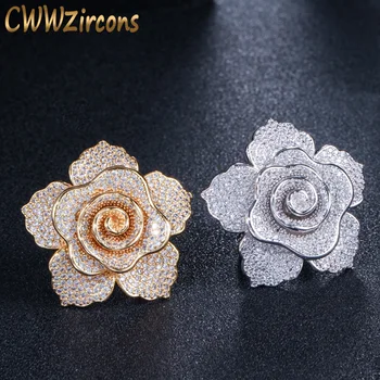 

CWWZircons Luxury Women Party Engagement Jewelry Yellow Gold Color Cubic Zirconia Crystal Bridal Wedding Big Flower Ring R121
