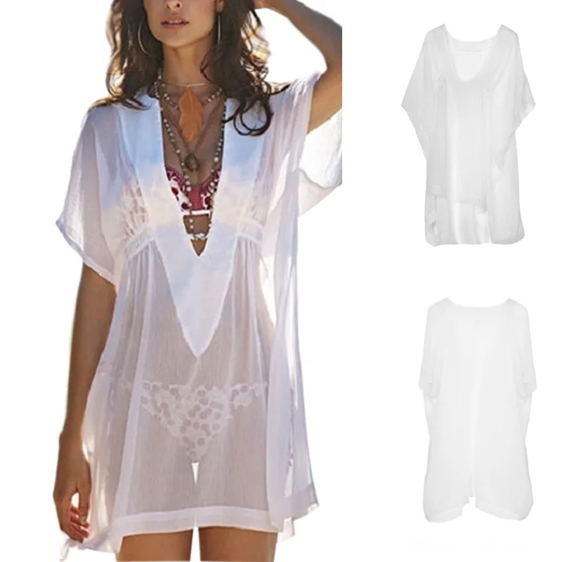 

Bikini Cover-up Beach Transparent Cover Up Women Chiffon Swimsuit Swimwear Short Sleeve Deep V Neck Shirt Dress Bathing women