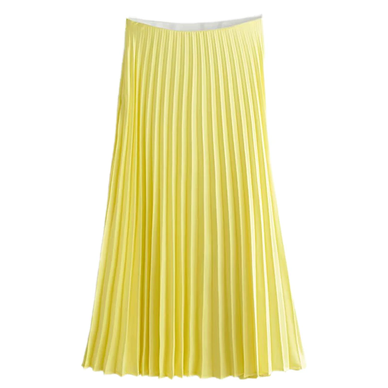 

Women Solid Yellow Pleated Midi Skirt Side Zipper Fly Design Female Stylish Casual Wear A Line Skirts FFZBQ56