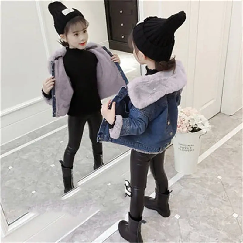 Autumn Winter Children Girls Plus Velvet Jeans Jackets Kids Girls Thick Warm Faux Rabbit Fur Denim Coats Baby Clothing W140