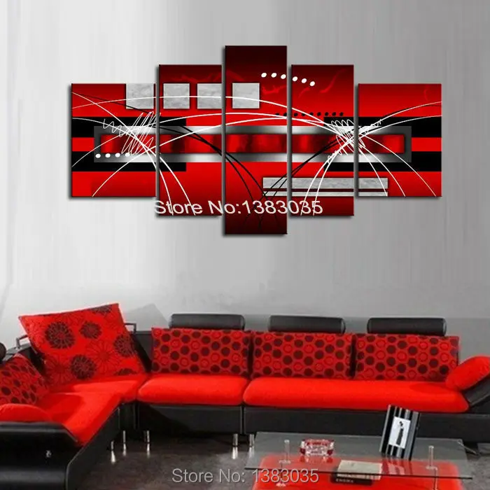 Hand Painted Black White And Red Abstract Painting On Canvas 5 Piece